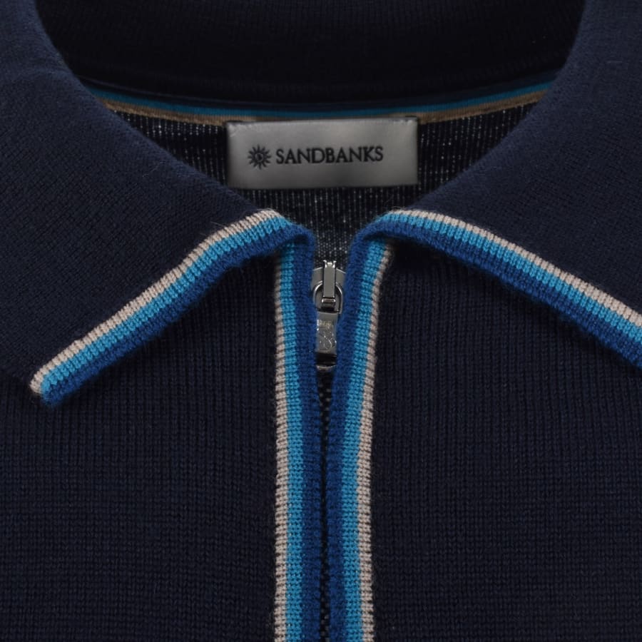 Image number 4 for Sandbanks Stripe Knitted Quarter Zip Polo Navy