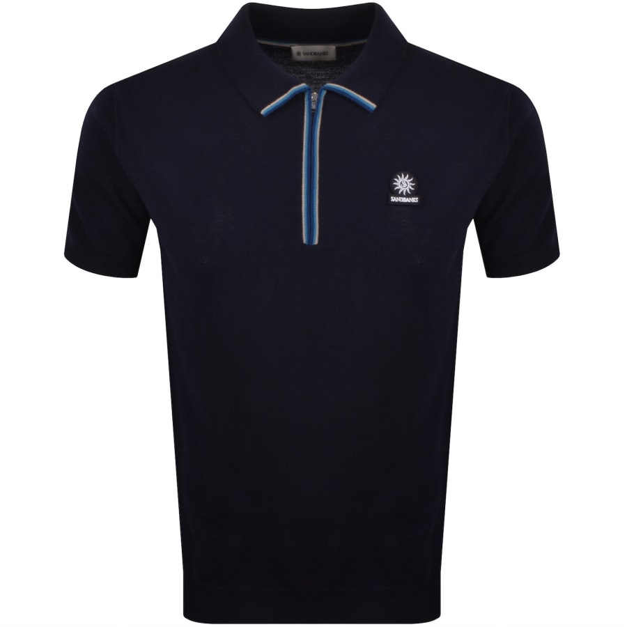 Image number 1 for Sandbanks Stripe Knitted Quarter Zip Polo Navy