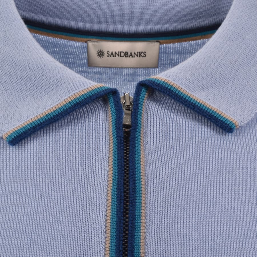 Image number 4 for Sandbanks Stripe Knitted Quarter Zip Polo Blue