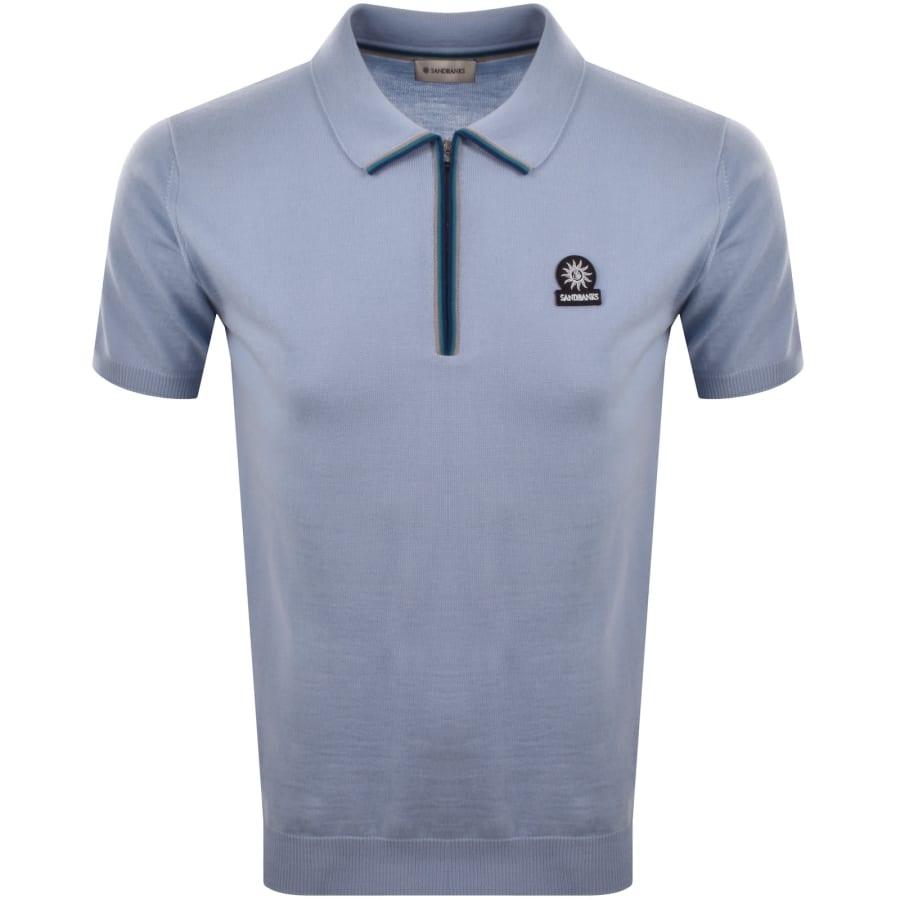 Image number 1 for Sandbanks Stripe Knitted Quarter Zip Polo Blue