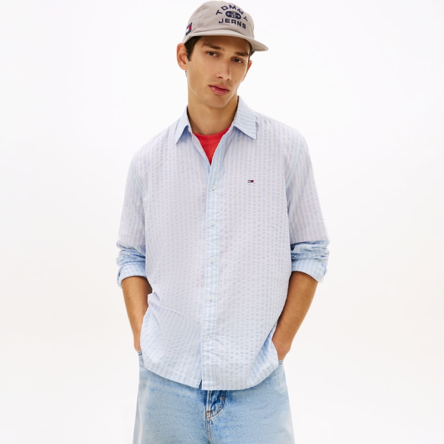 Image number 5 for Tommy Jeans Seersucker Striped Shirt Blue
