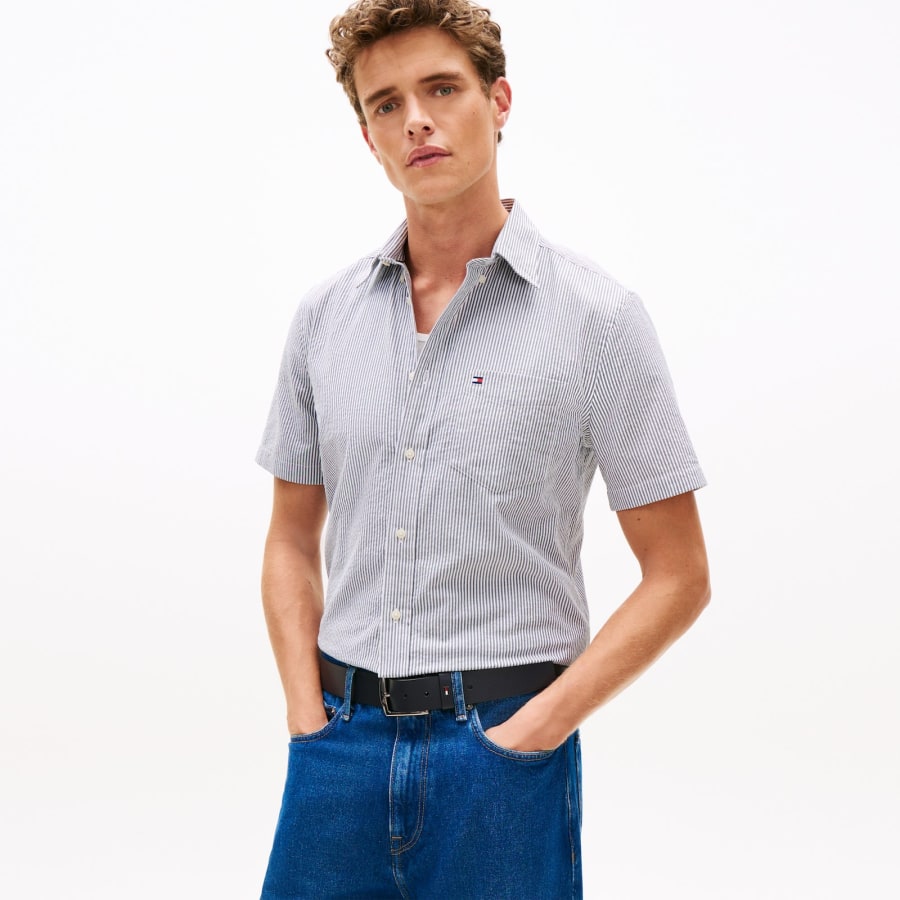 Image number 5 for Tommy Hilfiger Short Sleeved Stripe Shirt Navy