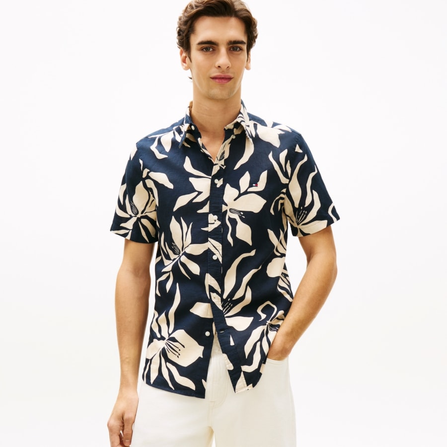 Image number 4 for Tommy Hilfiger Short Sleeved Linen Shirt Navy