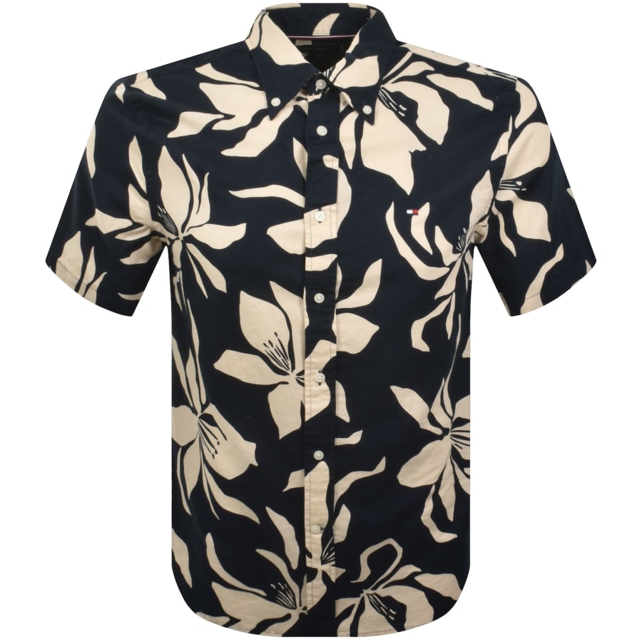 Image number 1 for Tommy Hilfiger Short Sleeved Linen Shirt Navy