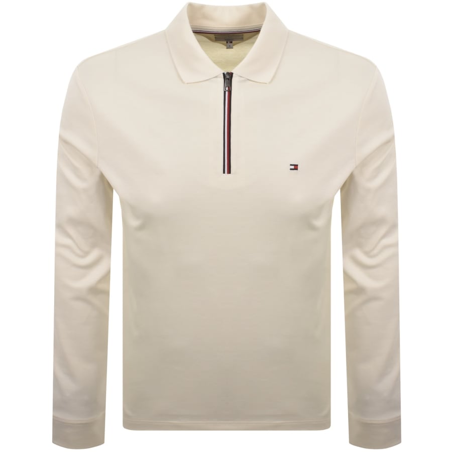Image number 1 for Tommy Hilfiger Long Sleeved Zip Polo T Shirt Cream
