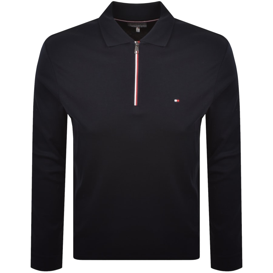 Image number 1 for Tommy Hilfiger Long Sleeved Zip Polo T Shirt Navy