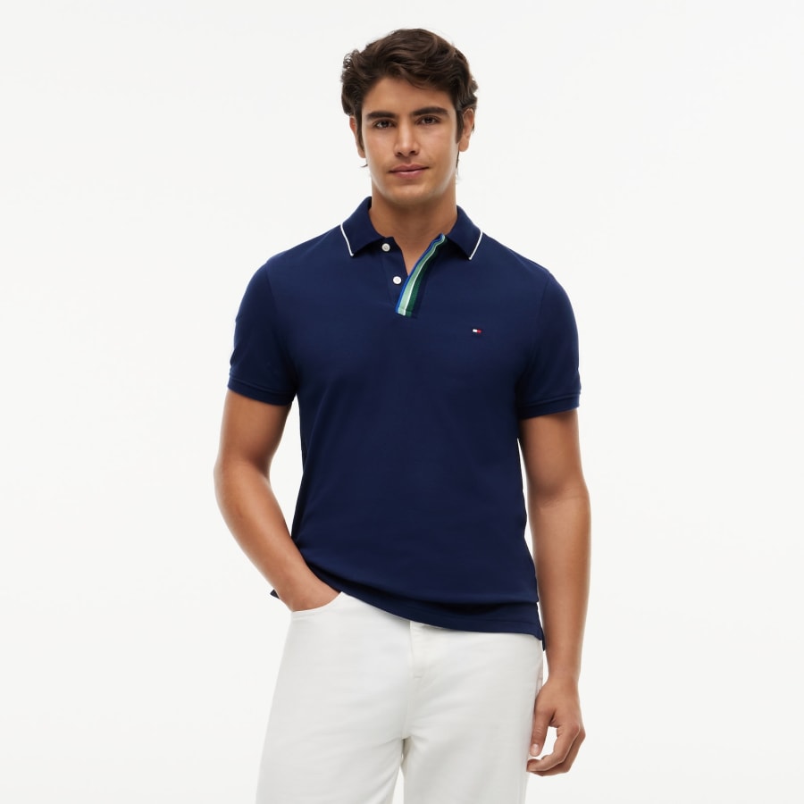 Image number 5 for Tommy Hilfiger Pique Placket Detail Polo Navy