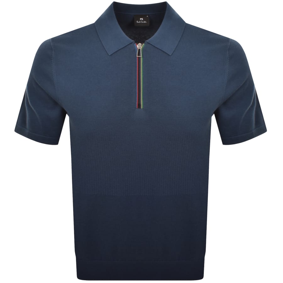 Image number 1 for Paul Smith Knit Short Sleeve Zip Polo T Shirt Blue