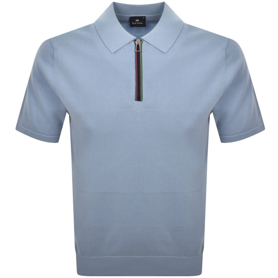 Image number 1 for Paul Smith Knit Short Sleeve Zip Polo T Shirt Blue