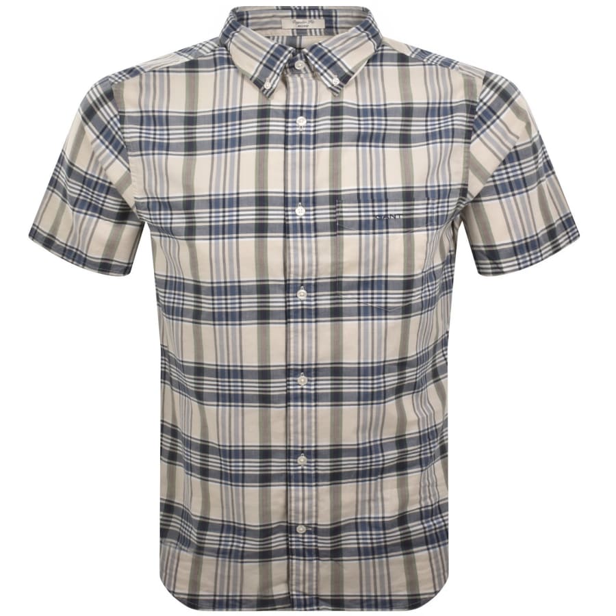 Image number 1 for Gant Linen Short Sleeved Check Shirt Blue