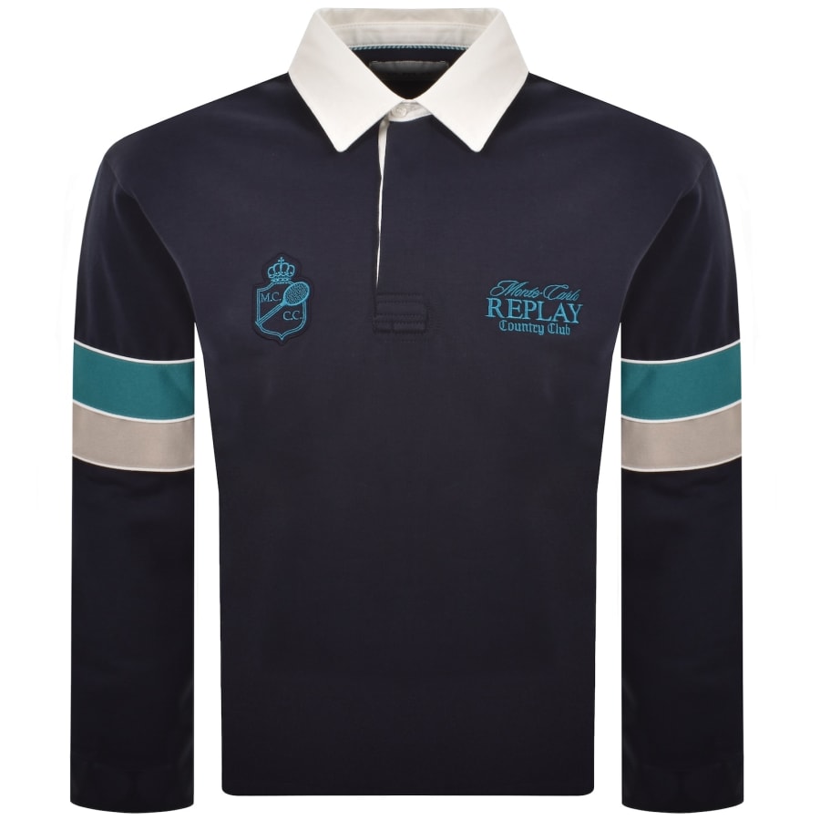 Image number 2 for Replay Long Sleeved Polo T Shirt Navy