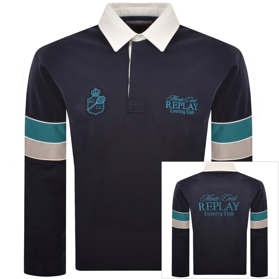 Image number 1 for Replay Long Sleeved Polo T Shirt Navy