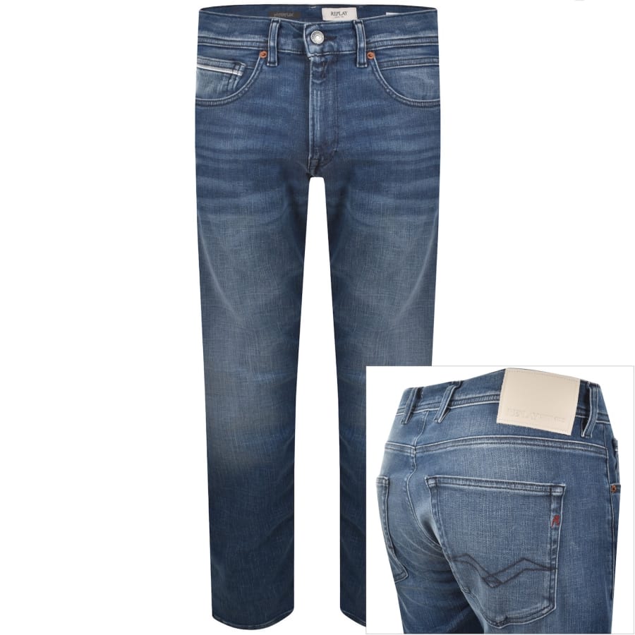 Image number 1 for Replay Grover Straight Fit Mid Wash Jeans Blue