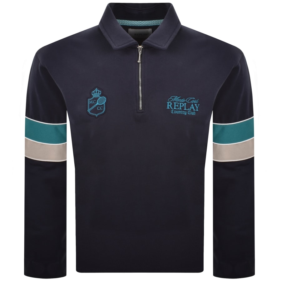 Image number 2 for Replay Quarter Zip Sweatshirt Navy