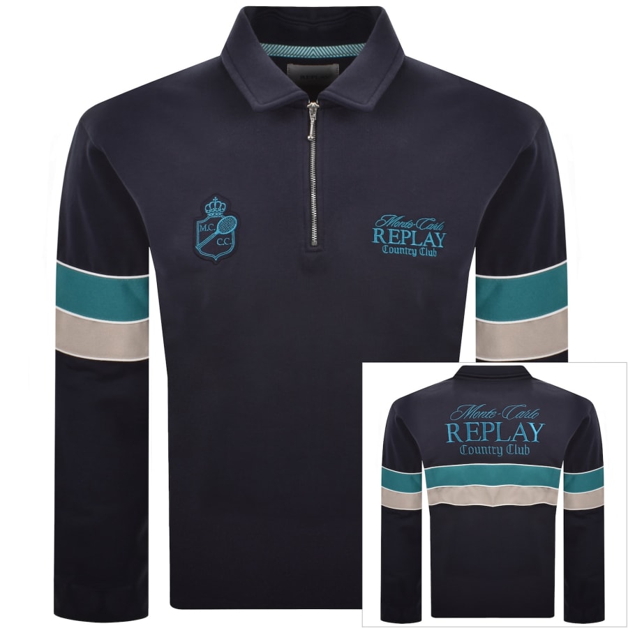 Image number 1 for Replay Quarter Zip Sweatshirt Navy