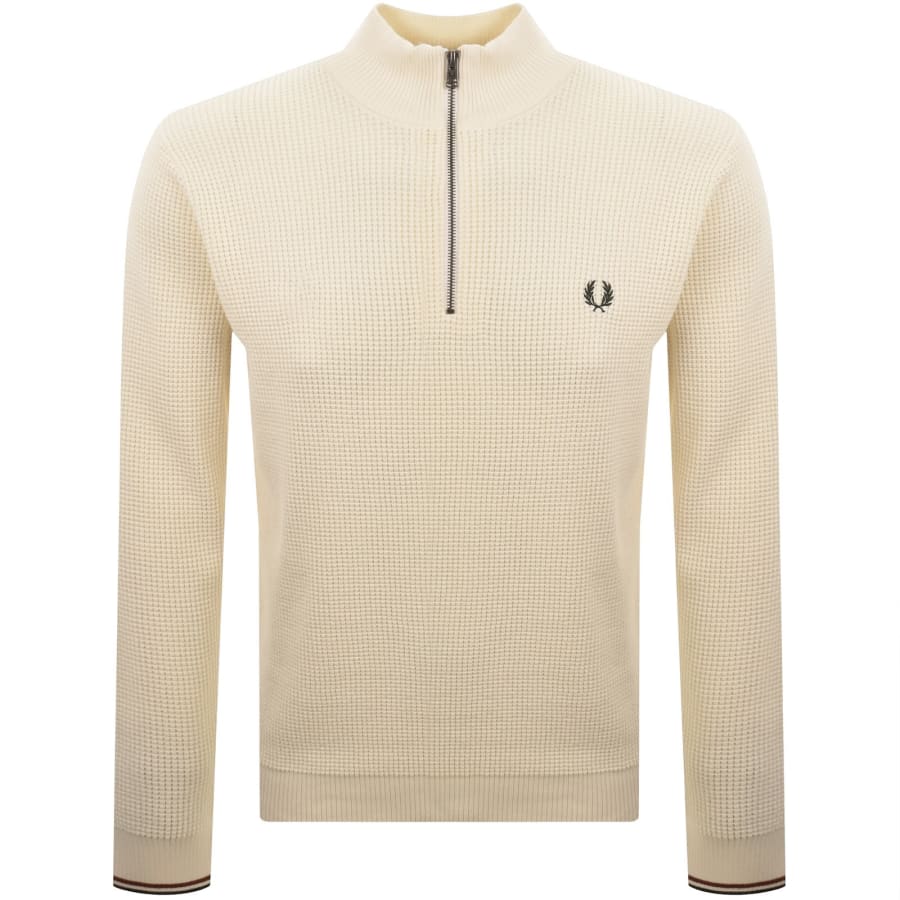 Image number 1 for Fred Perry Half Zip Waffle Knit Jumper Ecru