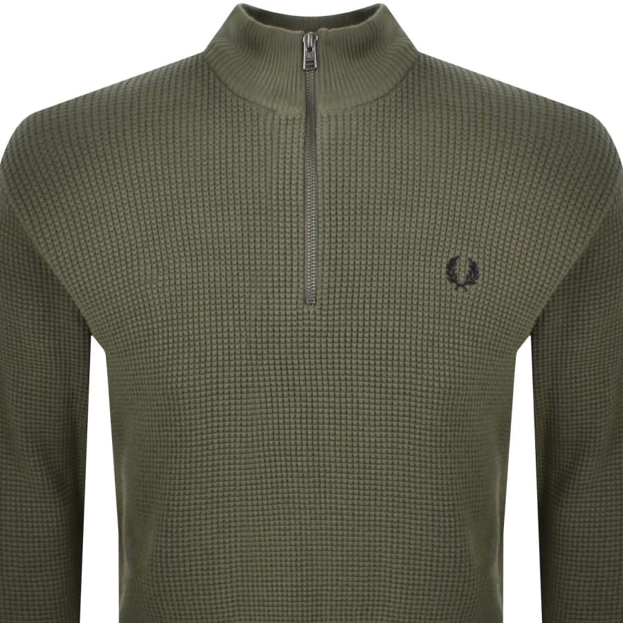 Image number 2 for Fred Perry Half Zip Waffle Knit Jumper Green