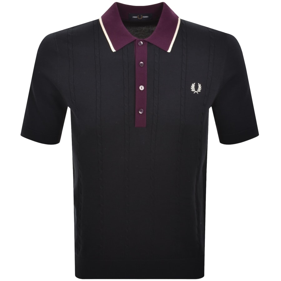 Image number 1 for Fred Perry Cable Knit Polo Shirt Navy