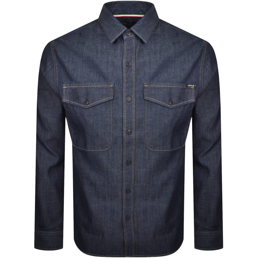 Image number 1 for Replay Denim Look Long Sleeved Shirt Blue