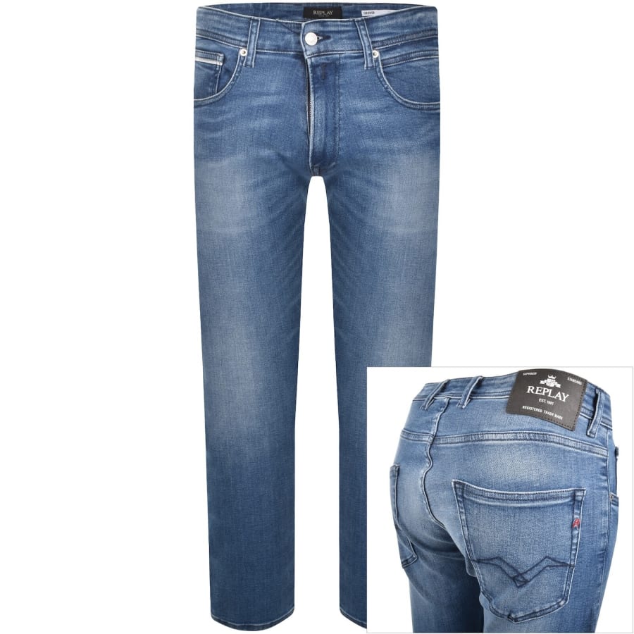 Image number 1 for Replay Grover Straight Fit Mid Wash Jeans Blue