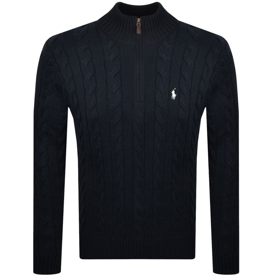 Image number 1 for Ralph Lauren Half Zip Cable Knit Jumper Navy