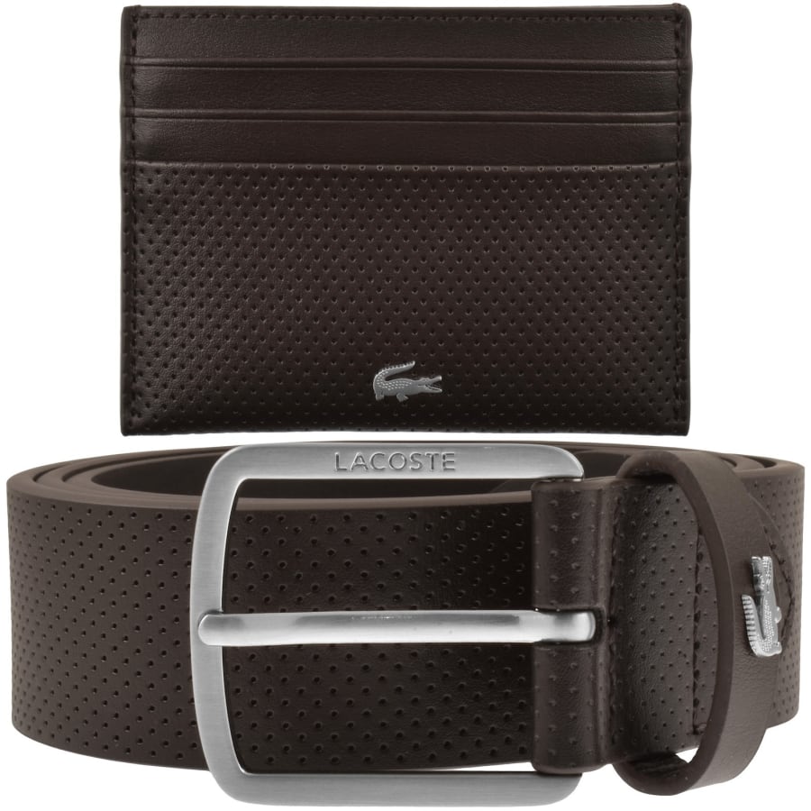 Image number 1 for Lacoste Leather Belt And Cardholder Set Brown