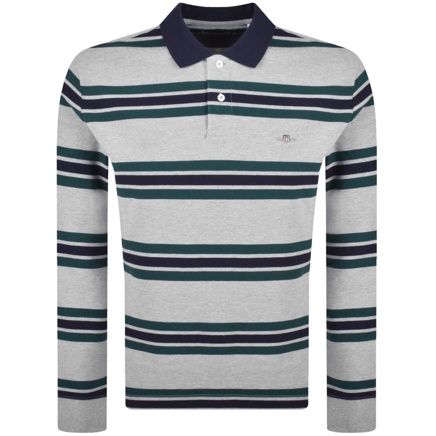 Image number 1 for Gant Striped Long Sleeve Polo T Shirt Grey