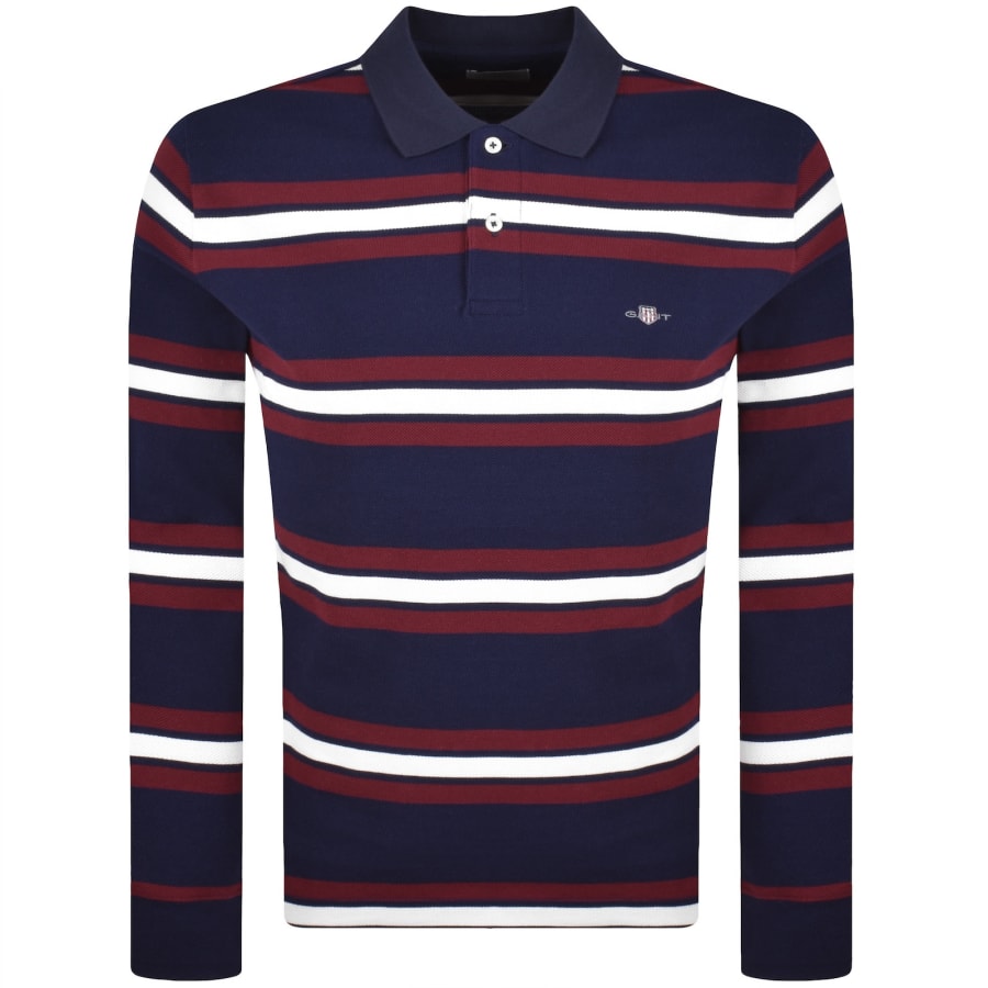 Image number 1 for Gant Striped Long Sleeve Polo T Shirt Navy