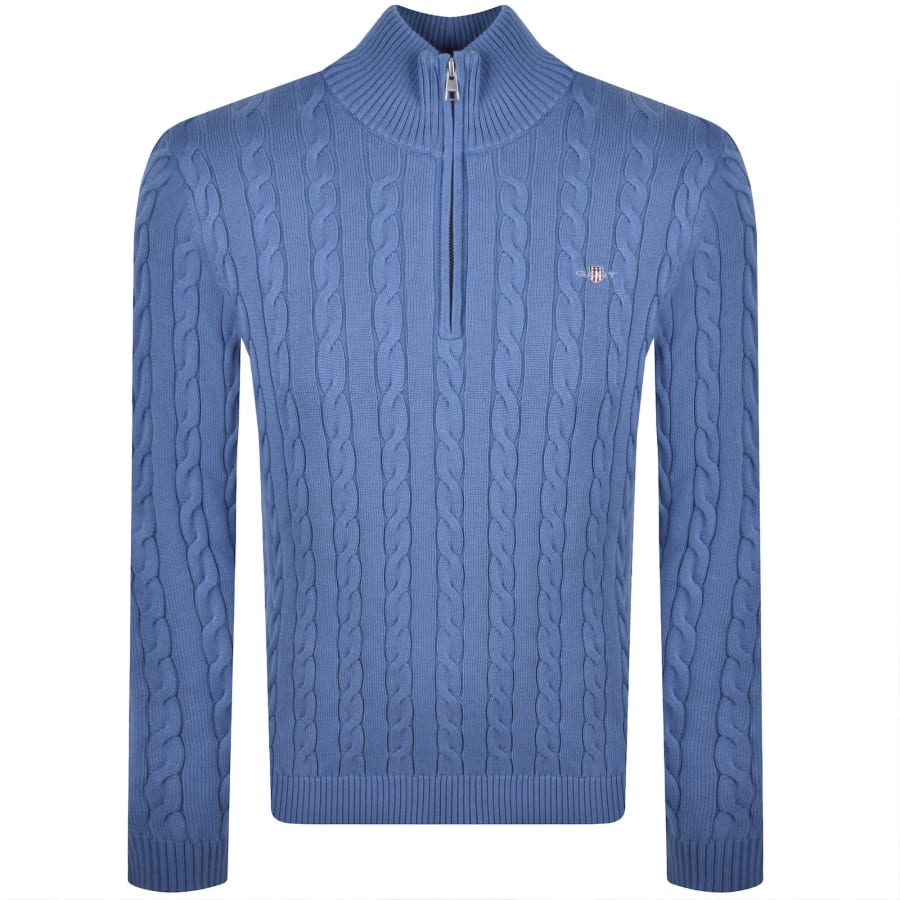 Image number 1 for Gant Cotton Cable Knit Half Zip Jumper Blue