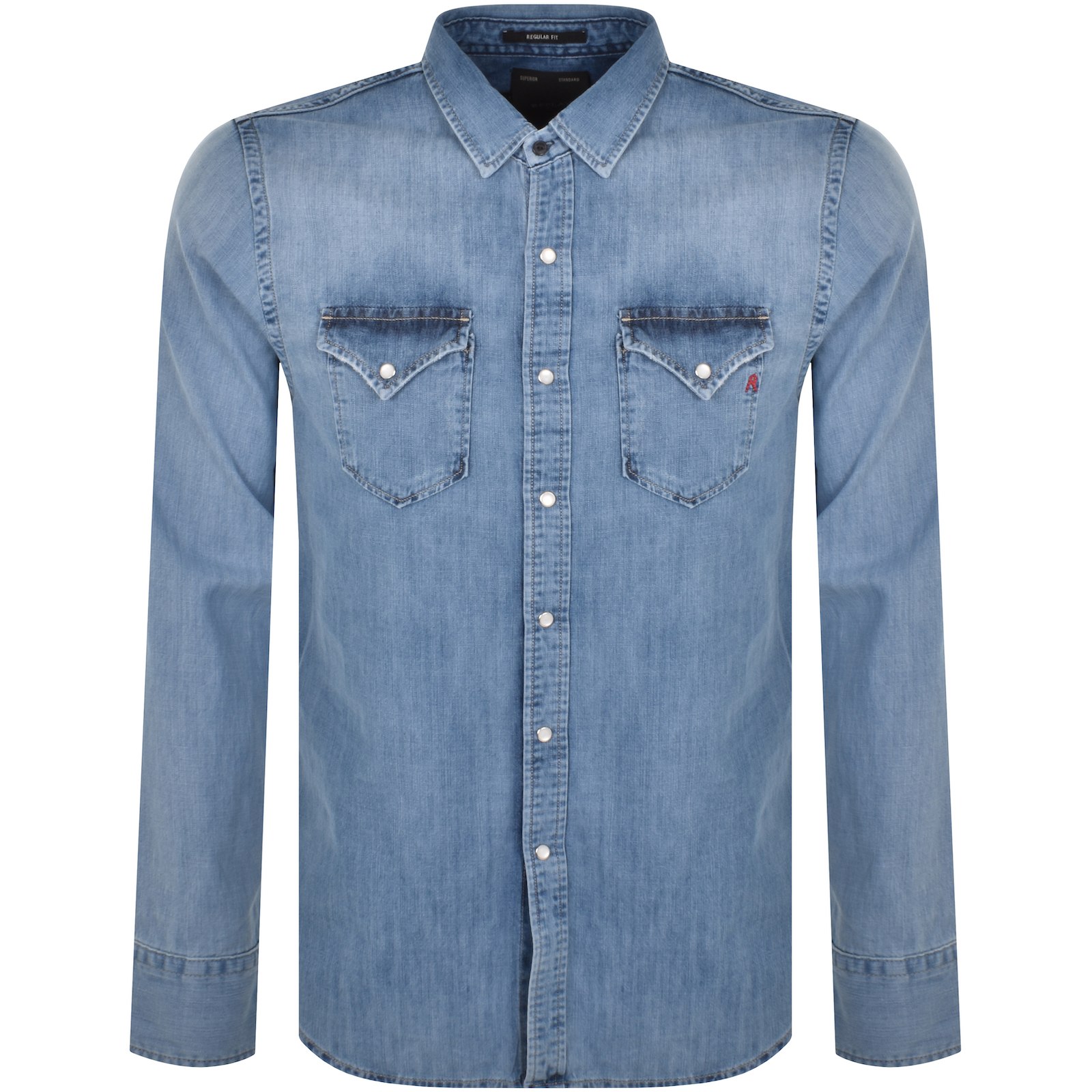 Shop Replay Denim Look Long Sleeved Shirt Blue