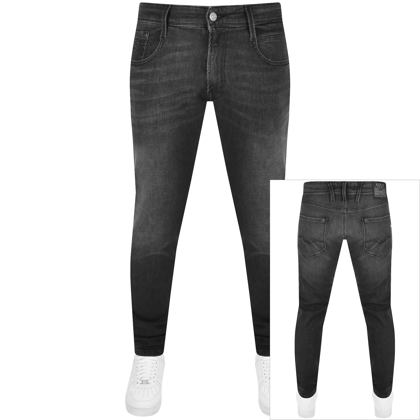 Shop Replay Anbass Slim Fit Mid Wash Jeans In Black