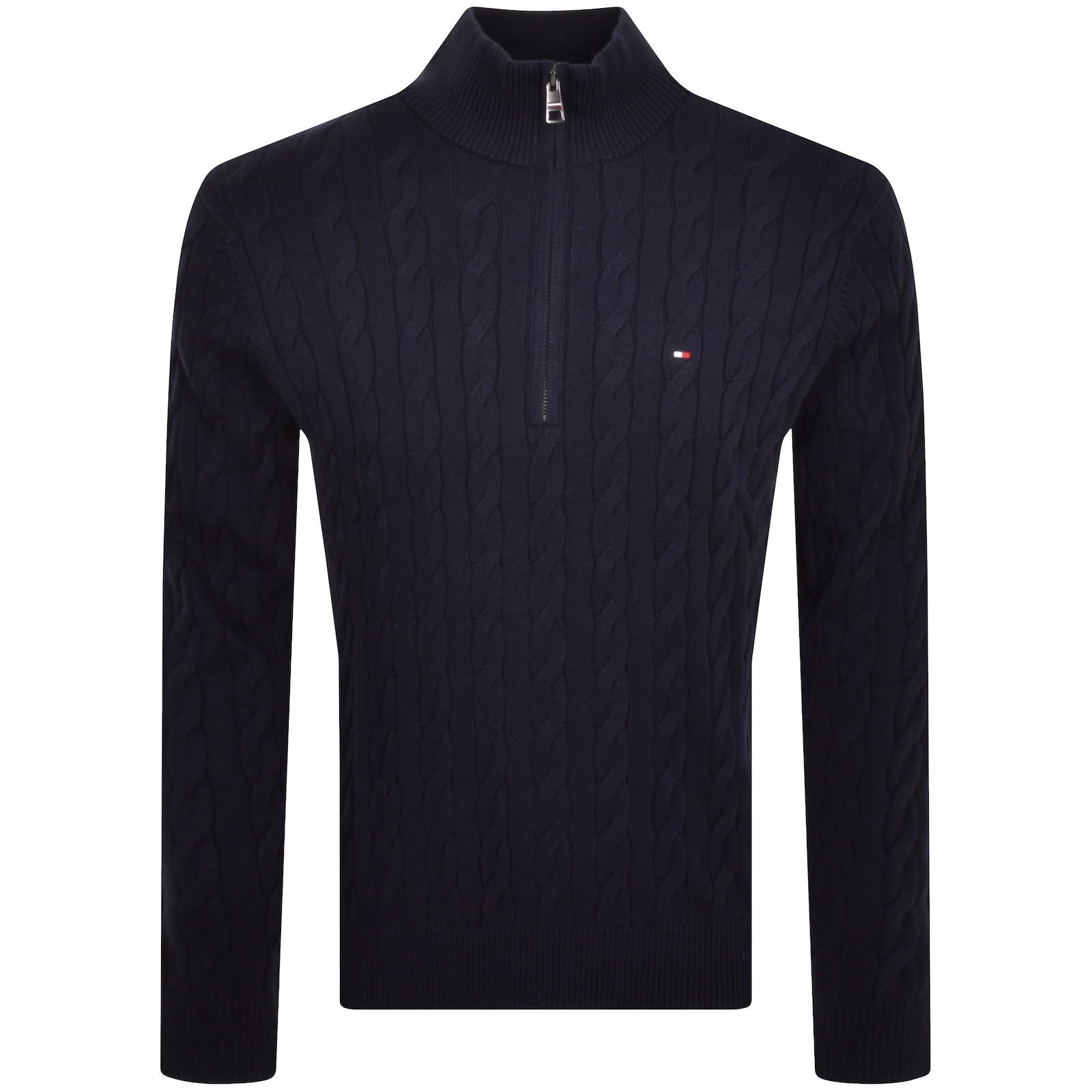 Shop Tommy Hilfiger Quarter Zip Cable Knit Jumper Navy