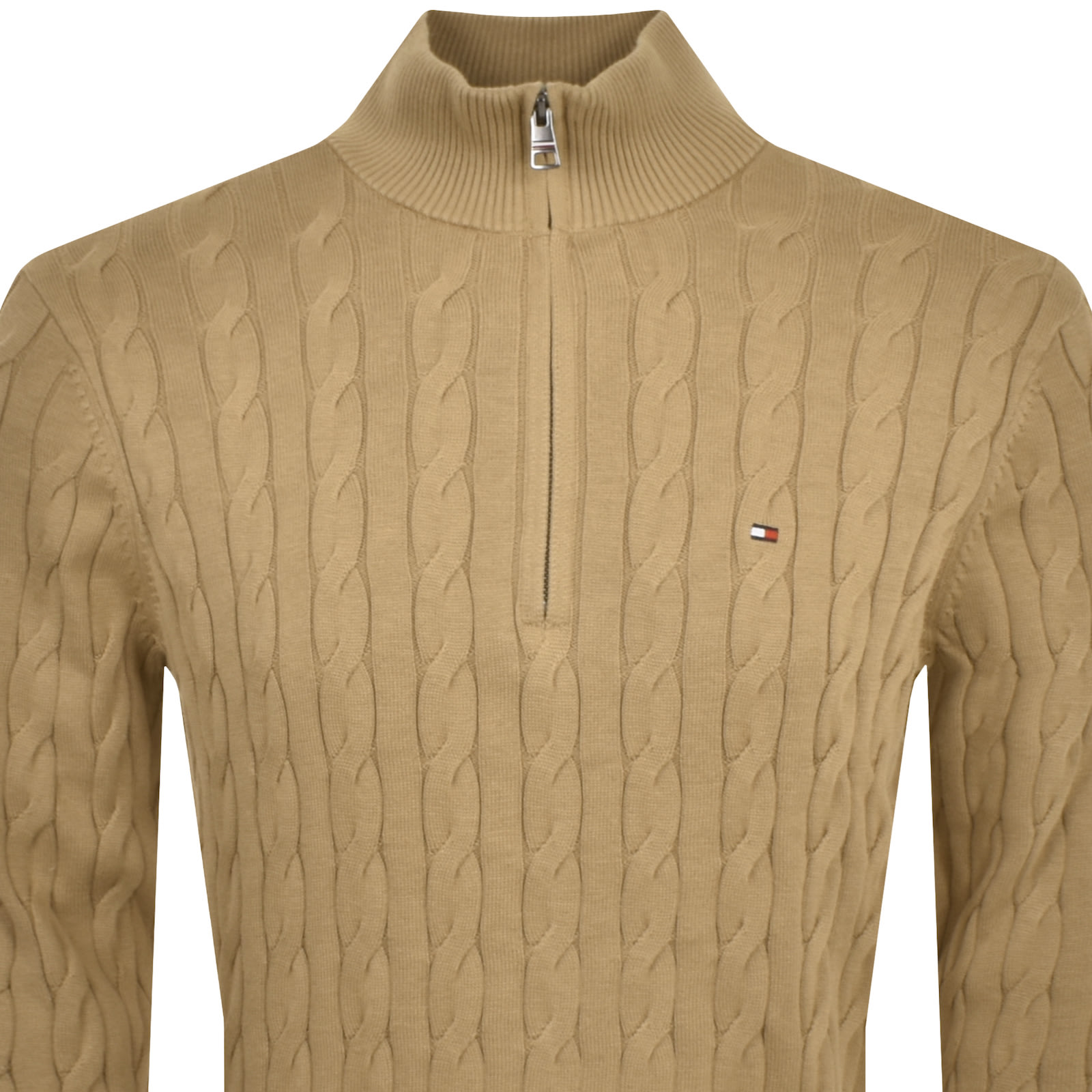 Shop Tommy Hilfiger Quarter Zip Cable Knit Jumper Brown