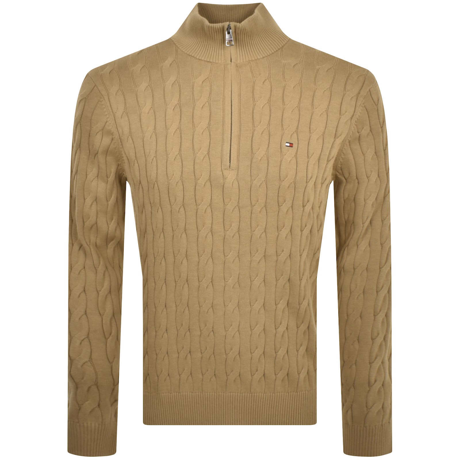 Shop Tommy Hilfiger Quarter Zip Cable Knit Jumper Brown