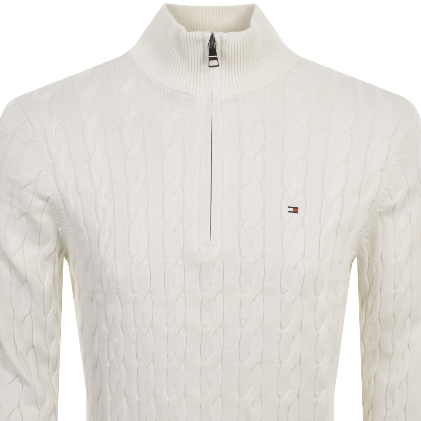 Shop Tommy Hilfiger Quarter Zip Cable Knit Jumper Ivory In Cream