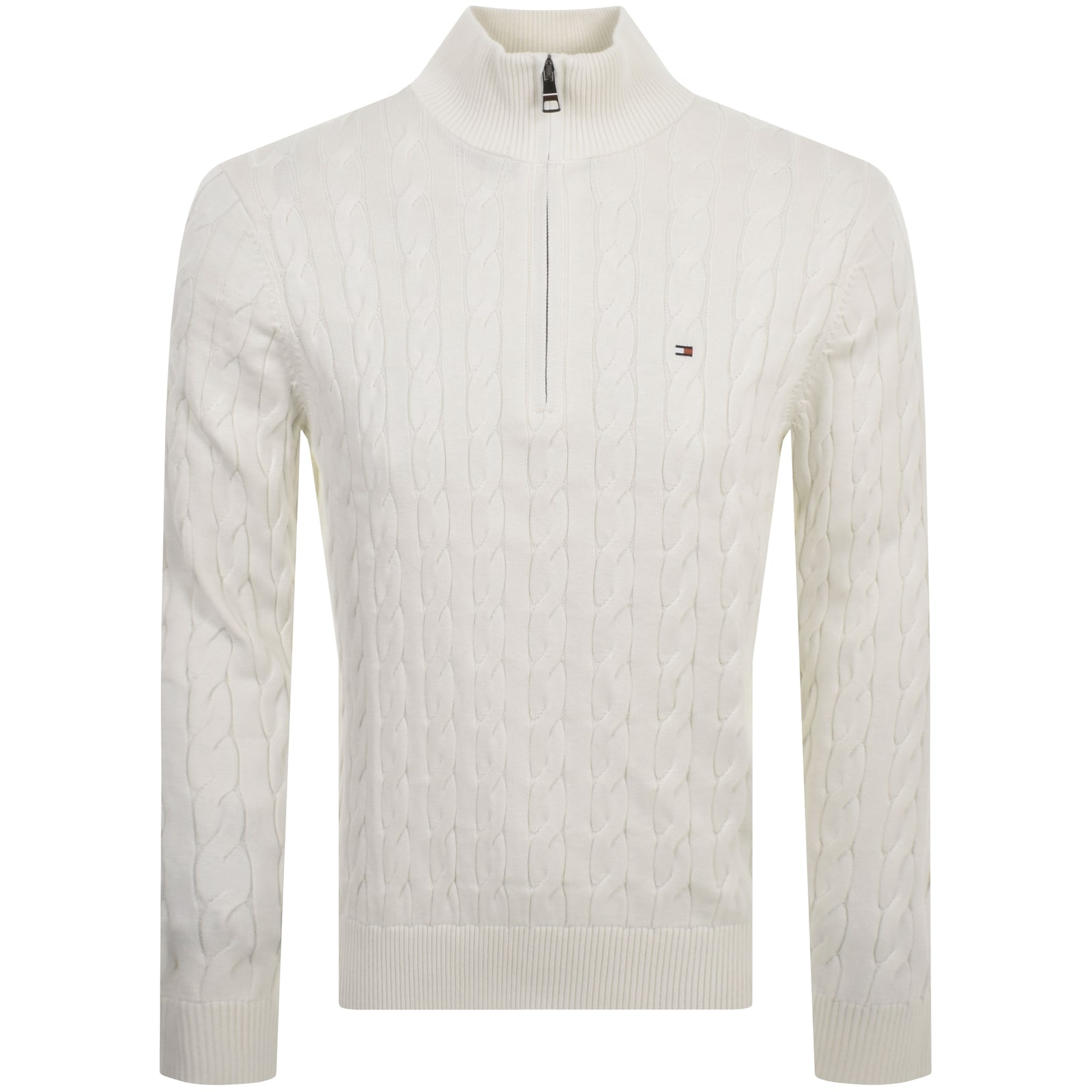 Shop Tommy Hilfiger Quarter Zip Cable Knit Jumper Ivory In Cream