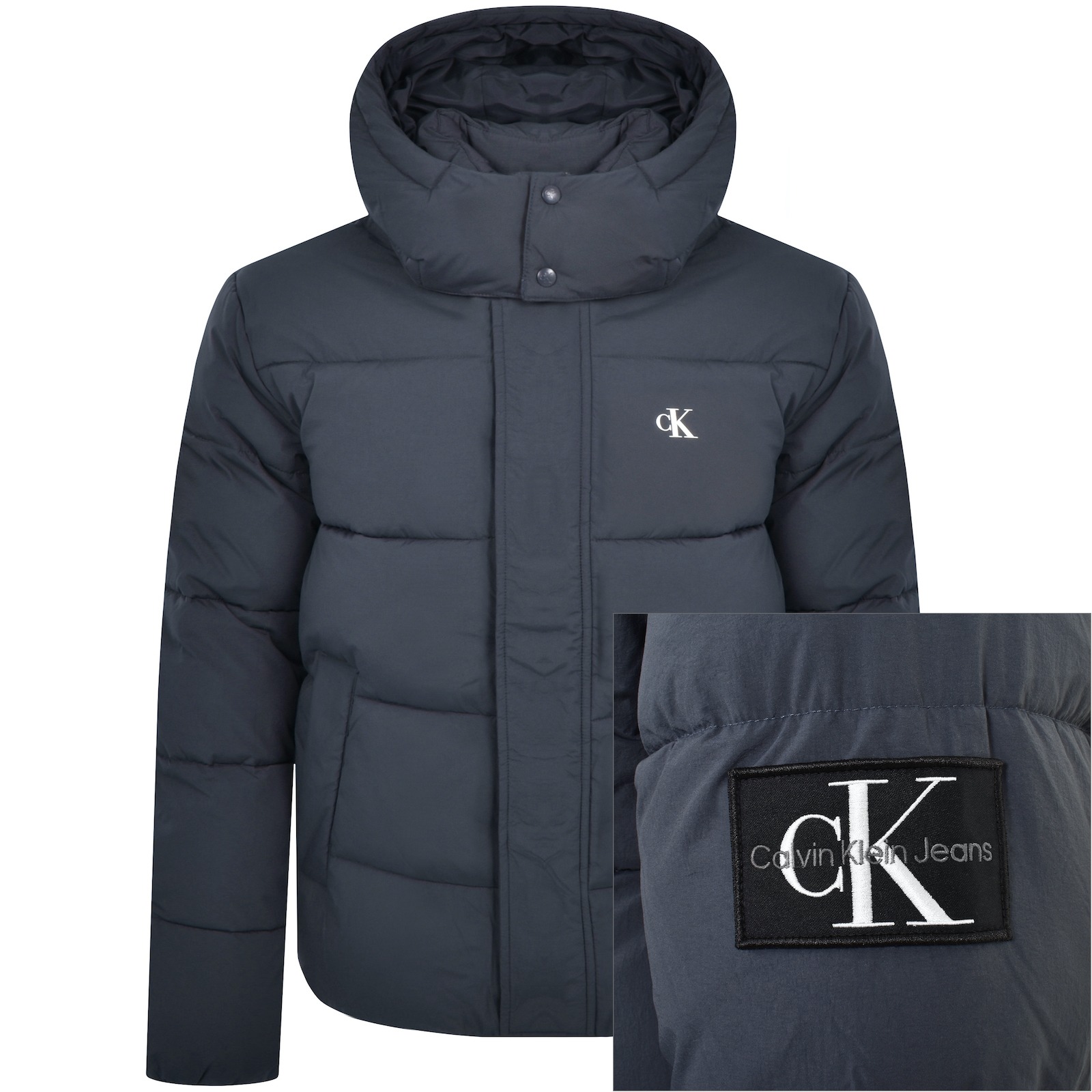 Shop Calvin Klein Jeans Hooded Puffer Jacket Blue