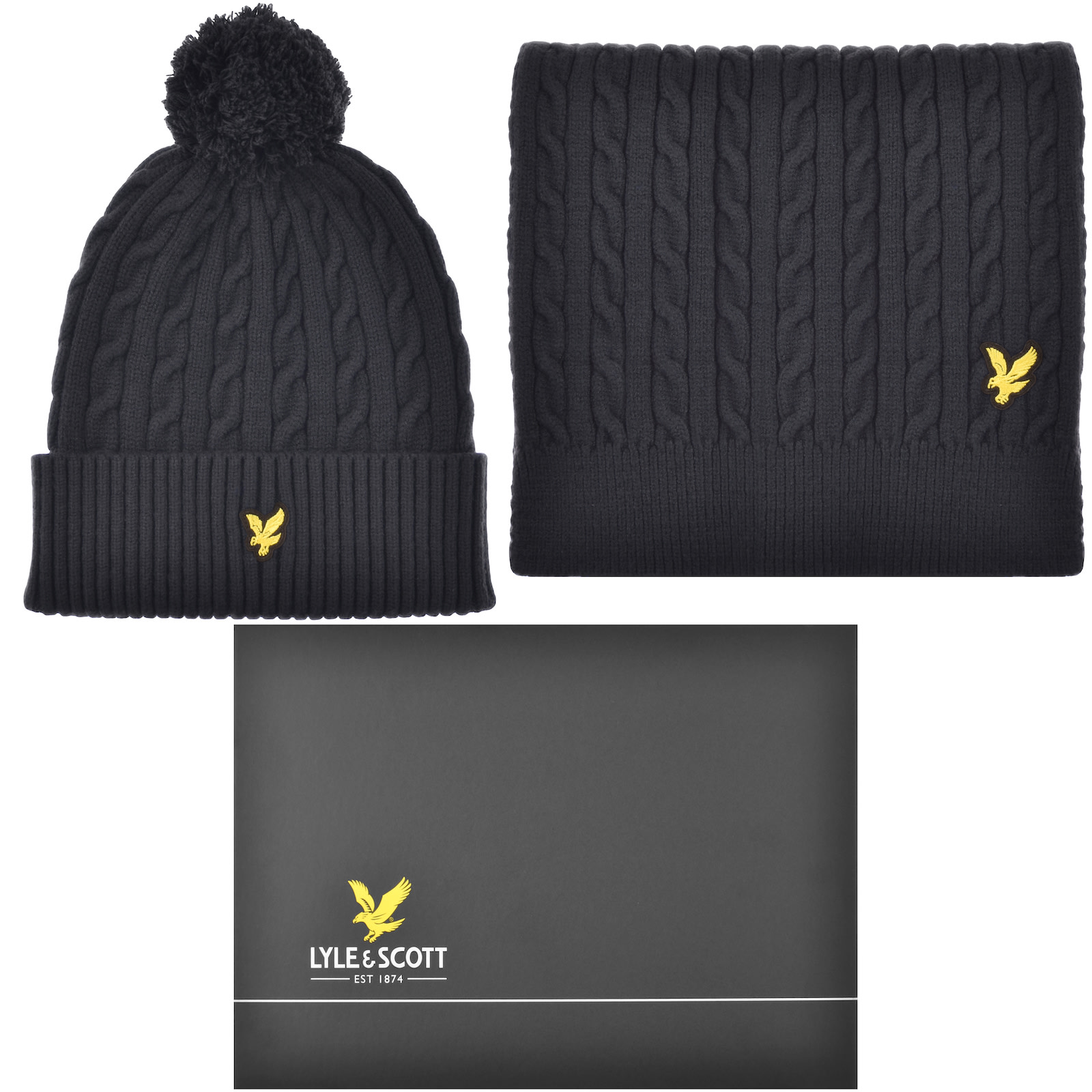 LYLE & SCOTT LYLE AND SCOTT BOBBLE BEANIE AND SCARF SET NAVY 