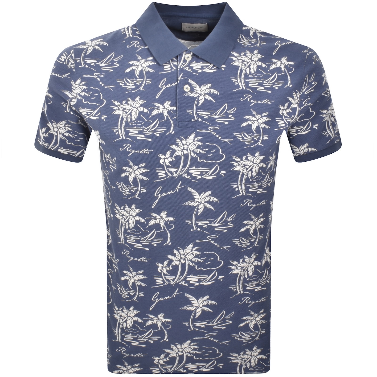 Gant Island Print Polo T Shirt Dusty Navy In Blue