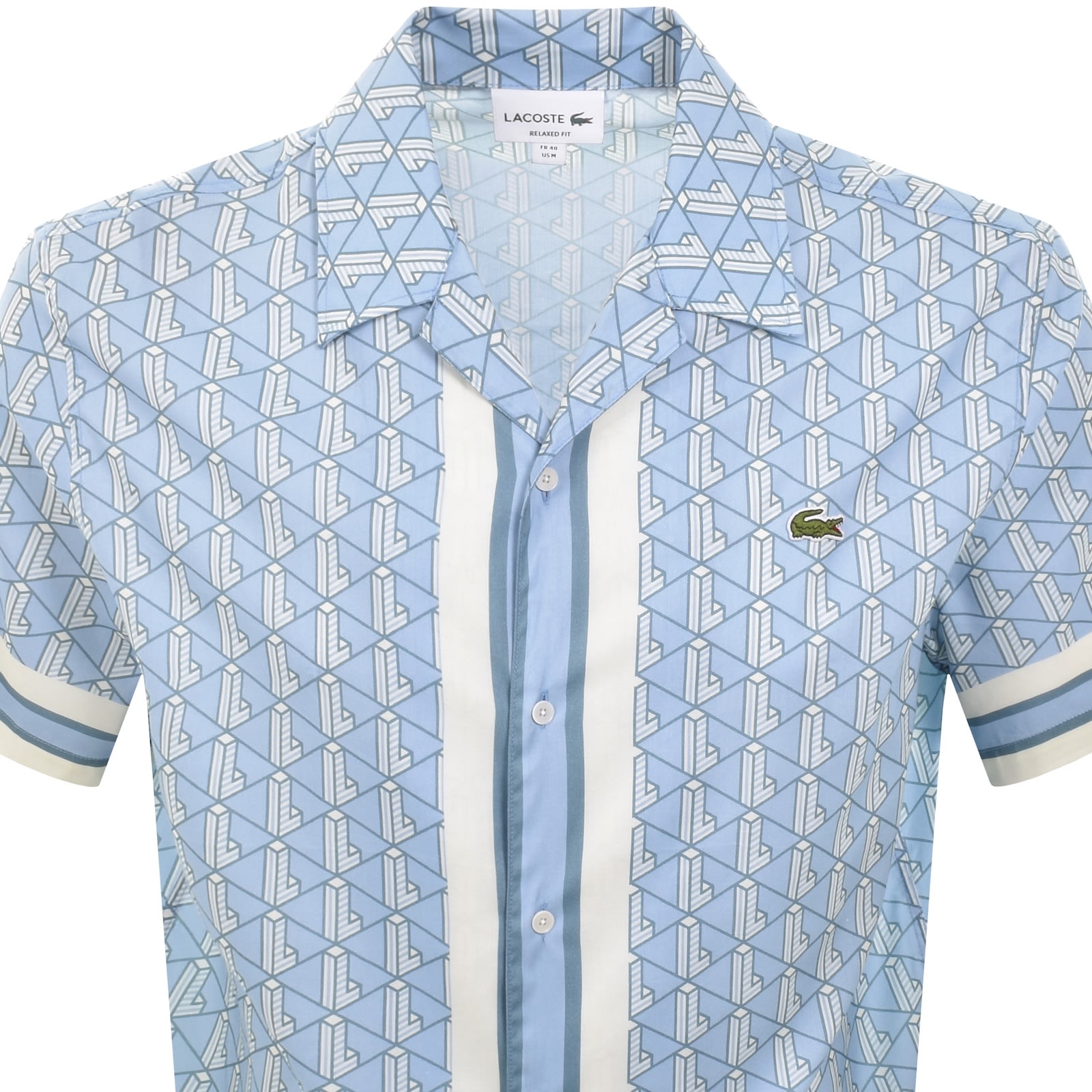 Lacoste Relaxed Fit Monogram Print Cotton Blend Camp Shirt In Blue