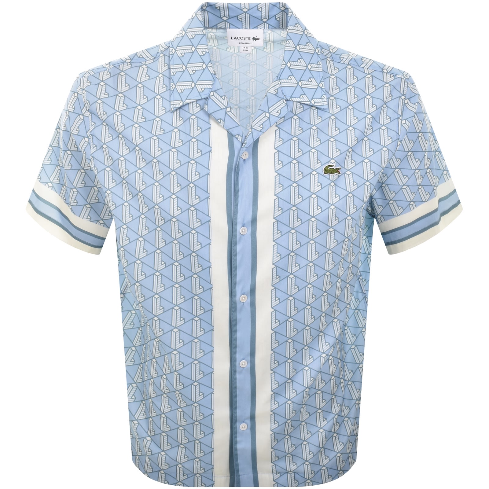 Lacoste Relaxed Fit Monogram Print Cotton Blend Camp Shirt In Blue