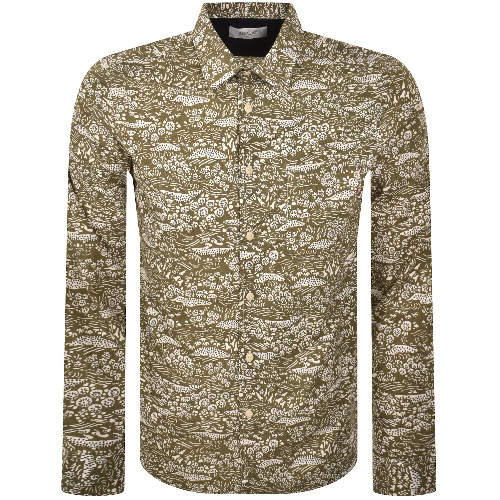 Replay Patterned Long Sleeved Shirt Army Green In Green