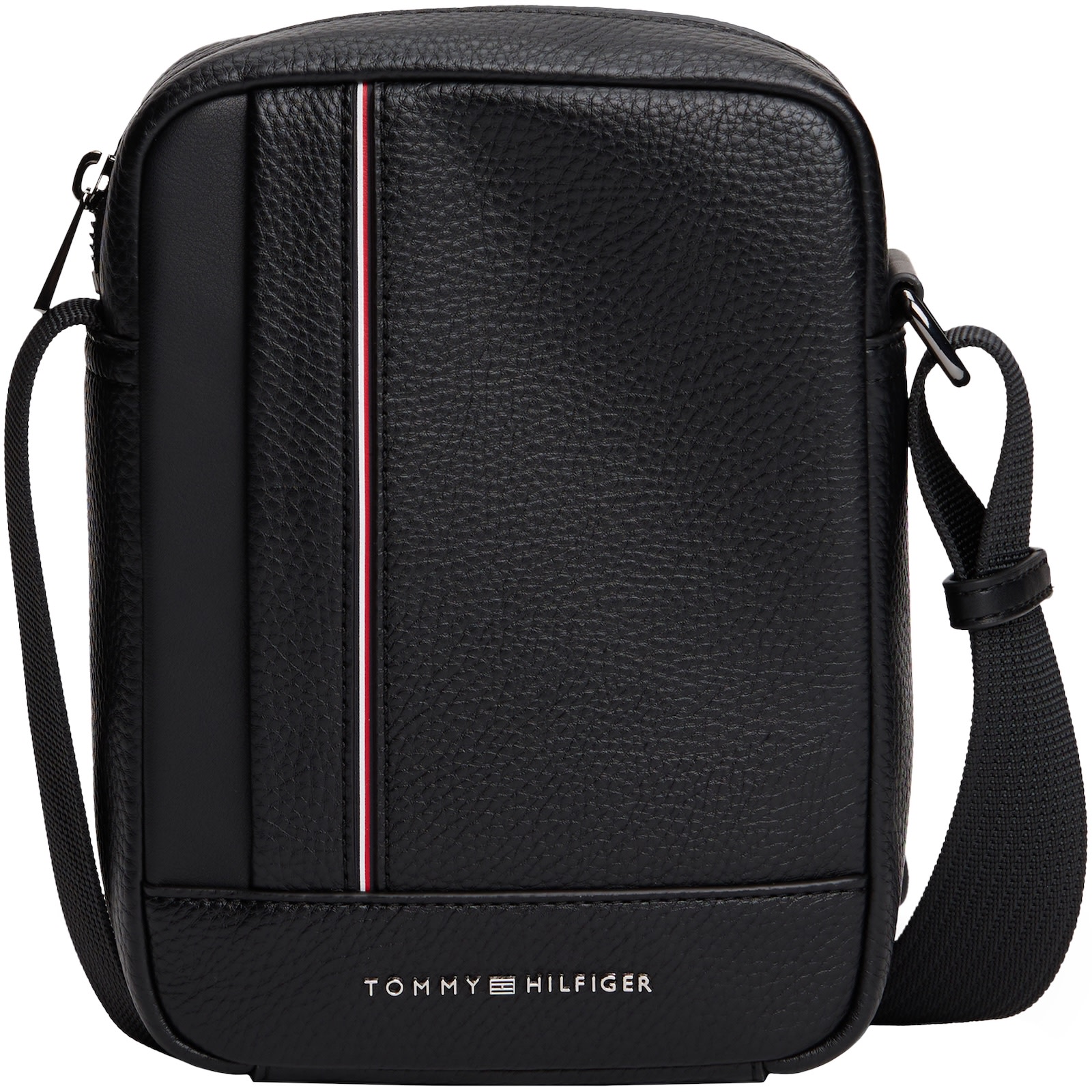 Tommy Hilfiger Logo Stripe Pebbled Mini Reporter Bag In Black