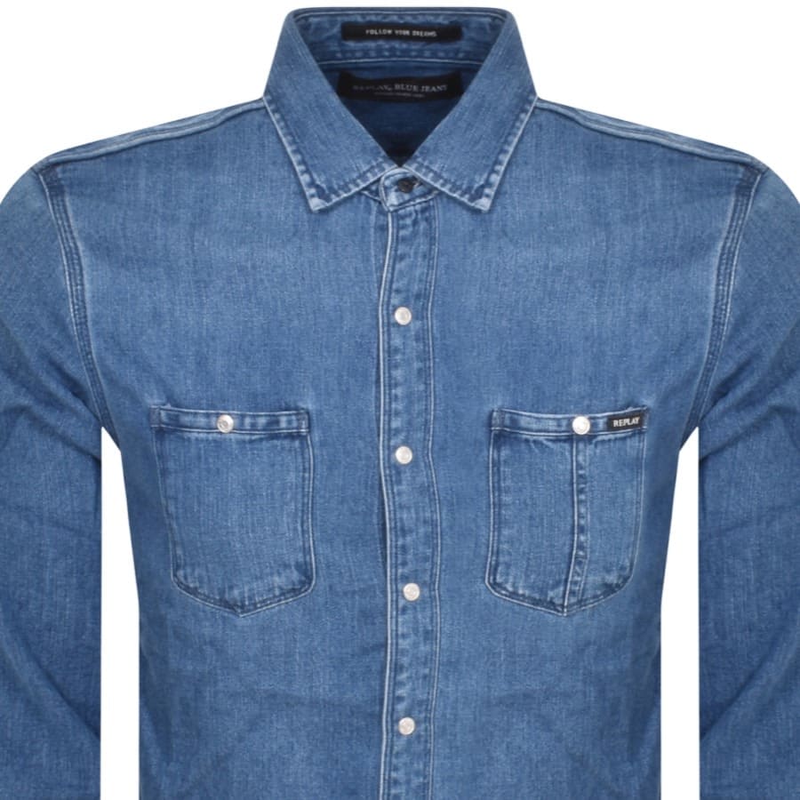 Image number 2 for Replay Long Sleeved Denim Shirt Blue