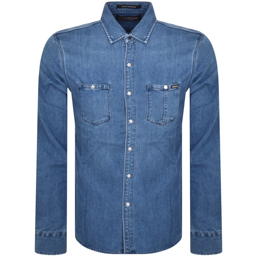 Image number 1 for Replay Long Sleeved Denim Shirt Blue