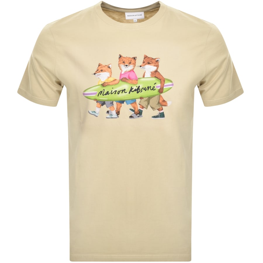 Image number 1 for Maison Kitsune Surfing Foxes T Shirt Beige