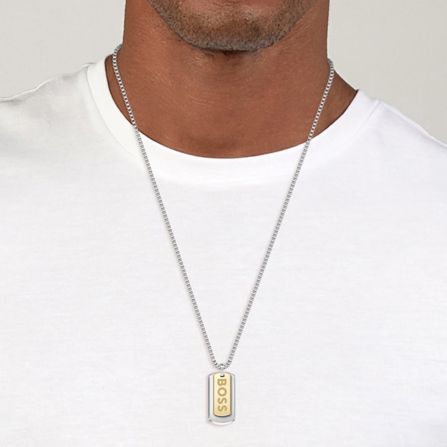 Image number 4 for BOSS Devon Two Tone Tag Necklace Silver