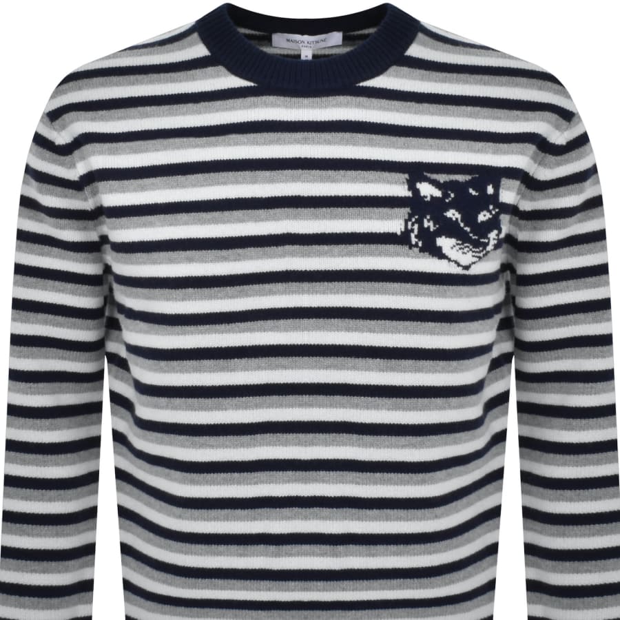 Image number 2 for Maison Kitsune Fox Head Stripe Knit Jumper Navy