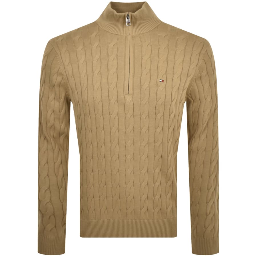 Image number 1 for Tommy Hilfiger Quarter Zip Cable Knit Jumper Brown