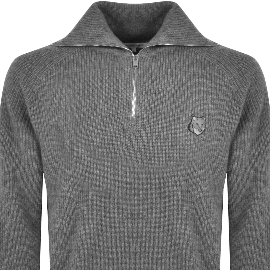 Image number 2 for Maison Kitsune Bold Fox Head Half Zip Jumper Grey